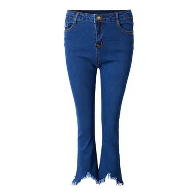 (Blue, XS) Casual Women Zipper Slim Ripped Tassel Flare Ninth Denim Jeans