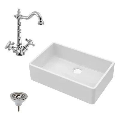 795mm - Fireclay Single Bowl Butler Kitchen Sink - French Classic Tap & Waste