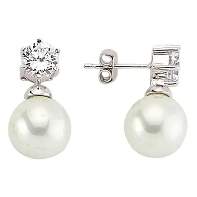 Jewelco London Ladies Sterling Silver Cubic Zirconia & Simulated Pearl Solitaire Stud Earrings 1