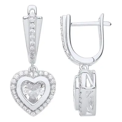 Jewelco London Ladies Sterling Silver Cubic Zirconia Halo Love Heart Drop Earrings - GVE690