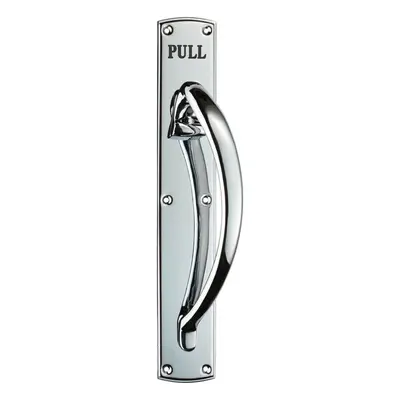 Curved Right Handed Door Pull Handle Engraved with 'Pull' Polished Chrome