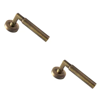 2x PAIR Straight Round Bar Handle on Round Rose Concealed Fix Antique Brass