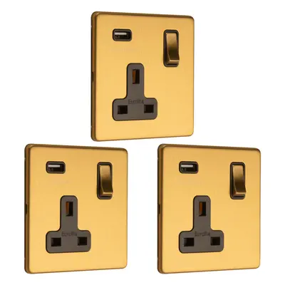 3 PACK Gang Single 13A UK Plug Socket & 2.1A USB-A SCREWLESS SATIN BRASS