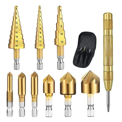 10pcs Step Drill Bit Set 1/4 Inch Hex Shank Flute Countersink with Automatic Center Punch