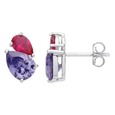 Jewelco London Ladies Rhodium Plated Sterling Silver Lilac Red Pear CZ Passing Ships Toi et Moi 