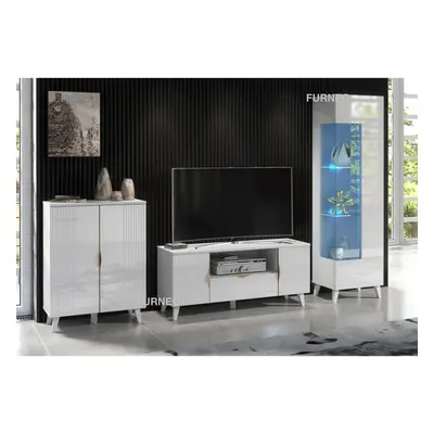 (Blue LED Lights) White Living Room Set High Gloss & Matt TV Stand Display Cabinet Sideboard Azz