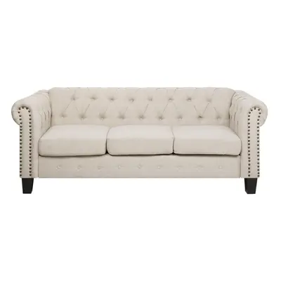 3 Seater Fabric Sofa Nailhead Trim Beige CHESTERFIELD