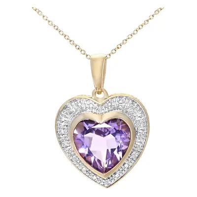 Jewelco London 9ct Yellow Gold Round 2pts Diamond Heart 3.16ct Amethyst Heart Pendant Necklace i