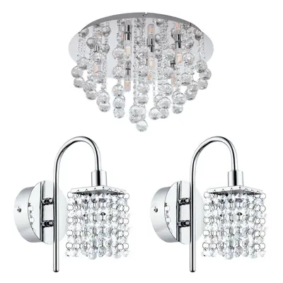 Low Ceiling Light & 2x Matching Wall Lights Chrome & Crystal IP44 Bathroom Lamp