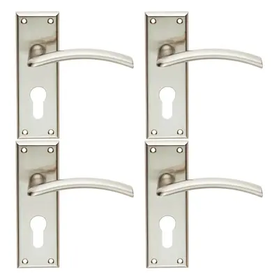 4x PAIR Arched Lever on Euro Lock Backplate Door Handle x 50mm Satin Nickel