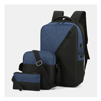 (Blue) 3Pcs Men Oxford Wear Resistant Breathable Patchwork Large Capacity Casual Backpack Chest 