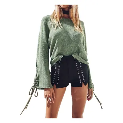 (Green, M) Women Bell Sleeves Knitted Pullover Sweater Lace Up Eyelets O Neck Loose Casual Knit 