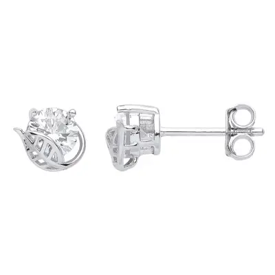 Jewelco London Ladies Rhodium Plated Sterling Silver CZ Leaf Cradled Solitaire Stud Earrings - E