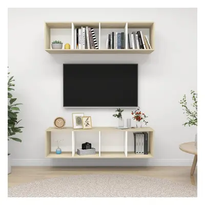 vidaXL 2x Wall Mounted TV Cabinets White and Sonoma Oak Chipboard Living Room