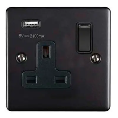 1 Gang Single UK Plug Socket & 2.1A USB Charger MATT BLACK 13A Switched