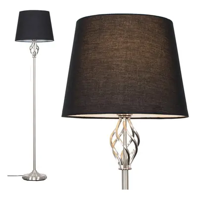 Traditional Style Satin Nickel Barley Twist Floor Lamp with a Black Tapered Light Shade