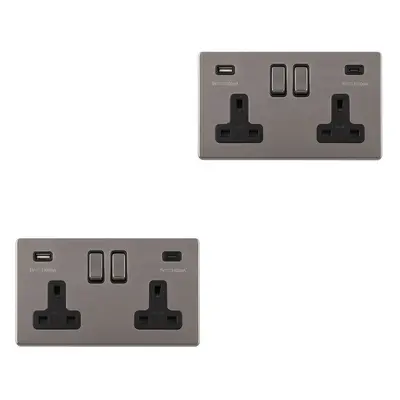 2 PACK Gang Double 13A UK Plug Socket & 2x 3.1A USB-C SCREWLESS BLACK NICKEL