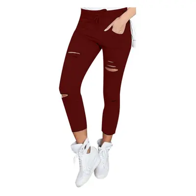 (Wine Red, L) Women Causal Holes High Waist Loose Solid Skinny Jeans