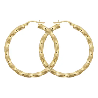 Jewelco London Ladies 9ct Yellow Gold Square Tube Ribbon Liquorice Twist 3mm Hoop Earrings 35mm 