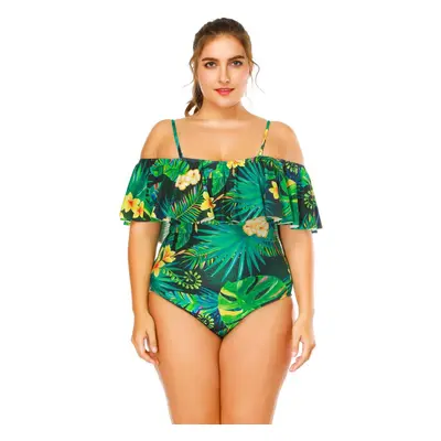 (Green, M) Sexy Women Floral Print Strappy Swimsuit One Piece Ruffle Trim Padding Beachwear Mono