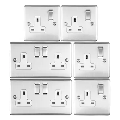 UK Plug Socket Pack -2x Twin & 4x Single Gang- SATIN STEEL / Grey 13A Switched