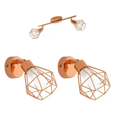 Twin Ceiling Spot Light & 2x Matching Wall Lights Copper Geometric Wire Cage