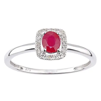 (Q) Jewelco London 9ct White Gold Oval Ruby and Diamond Cluster Ring