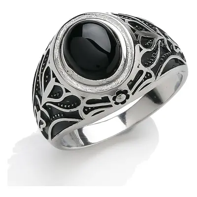 (X) Jewelco London Mens Rhodium Plated Sterling Silver Black Oval Onyx Carved Cabochon Signet Ri