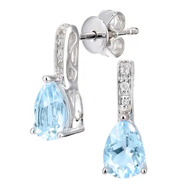 Jewelco London 9ct White Gold Round 3pts Diamond Pear 1ct Blue Topaz Teardrop Drop Earrings - DE