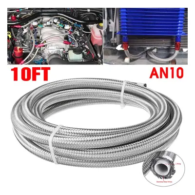 (AN10) 10FT 304.8cm Fuel Hose Oil Gas Line PTFE Stainless Steel Braided