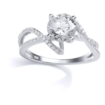 (Q) Jewelco London Ladies Rhodium Plated Sterling Silver Cubic Zirconia Solitaire Engagement Rin