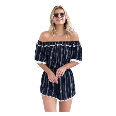 (Dark Blue, S) Sexy Women Off Shoulder Jumpsuit Vertical Striped Pom-Pom Half Sleeve