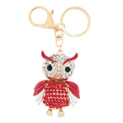 (Red) Jewelry Hollow Alloy Vintage Shinning Rhinestone Owl Pendant Key Ring Chain