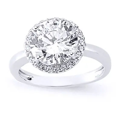 (Q) Jewelco London Ladies Rhodium Plated Sterling Silver Cubic Zirconia Halo Engagement Ring