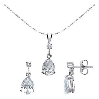 Jewelco London Sterling Silver Pear Cubic Zirconia Tears of Joy Toi et Moi Earrings Necklace Set