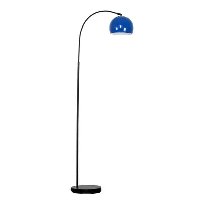 Designer Style Black Stem Floor Lamp with a Gloss Navy Blue Arco Style Metal Dome Light Shade - 