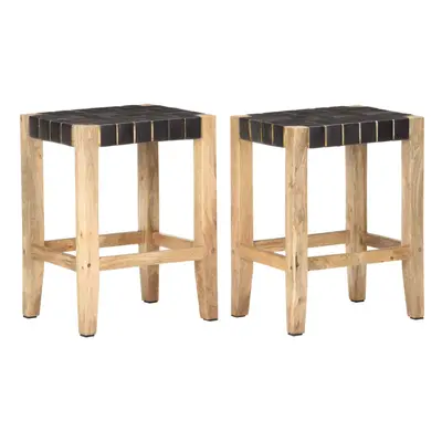 vidaXL 2x Real Leather & Solid Mango Wood Bar Stools Black Kitchen Dining Room