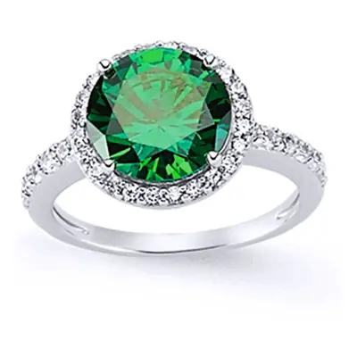 (L) Jewelco London Ladies Rhodium Plated Sterling Silver Green Cubic Zirconia Halo Engagement Ri