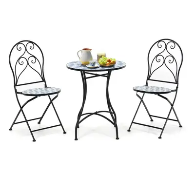 3 PCS Mosaic Pattern Bistro Set W/ Round Table & Folding Chairs