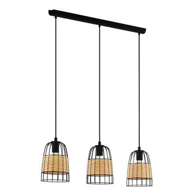 Hanging Ceiling Pendant Light Black & Wicker 3x 40W E27 Hallway Feature Lamp