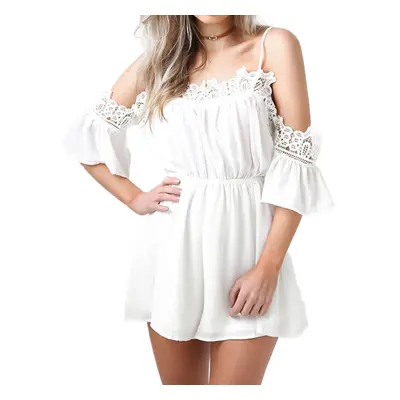 (White, M) Women Off Shoulder Chiffon Jumpsuit Crocheted Lace V Neck Elastic Waist Loose