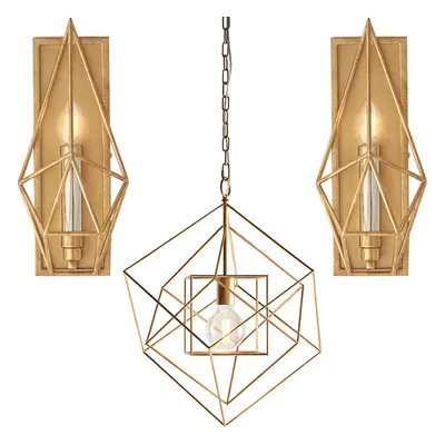 Angular Gold Leaf Lights - Ceiling & 2x Wall Light Bundle - Hammered Metalwork