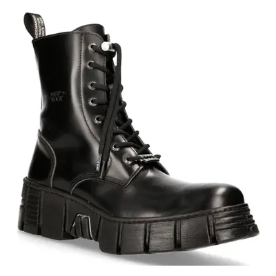 (40) New Rock Black Leather Biker Ankle Tower Boots