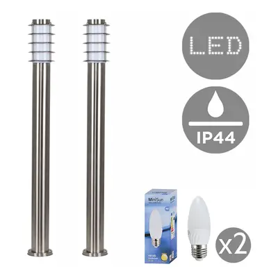 Pair of - Modern Outdoor Stainless Steel Bollard Lantern Light Posts - Metre - Complete with 4w 