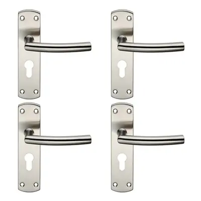 4x Curved Bar Lever Door Handle on Euro Lock Backplate x 44mm Satin Steel