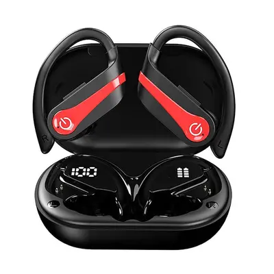 (Red) True Wireless Headphones TWS Earbuds Ear Hook Bluetooth 5.3 Smart Touch Control LED Power 