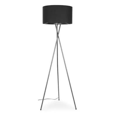 Modern Polished Chrome Metal Tripod Floor Lamp with a Dark Grey Cylinder Shade