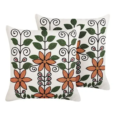 Set of Embroidered Cotton Cushions Floral Pattern x cm Multicolour VELLORE