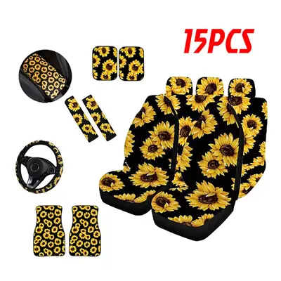 (15 Pcs) Universal Full Set Car Cover Fashion Sunflower Car Seat Cover With Safety Belt