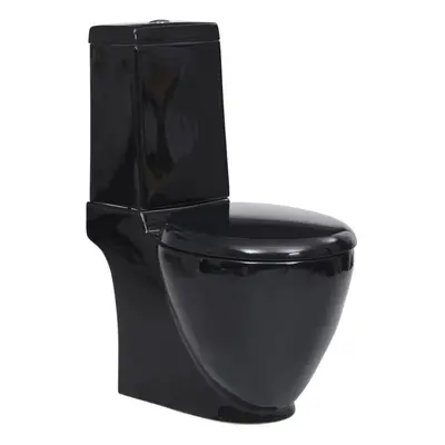 vidaXL Ceramic Toilet Back Water Flow Black Soft Close Seat Bathroom Fixture